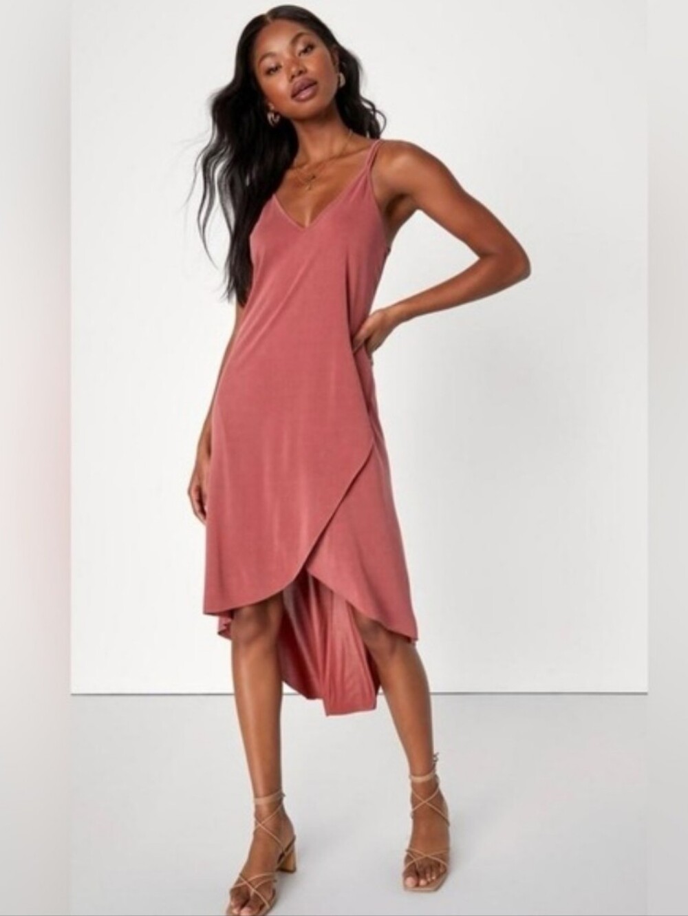 Lush Dusty Rose Asymmetrical Wrap Sundress With V Neck Size S